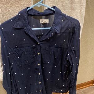 Gap Boyfriend Fit Button Down Blouse Cotton Navy/ Stars Large